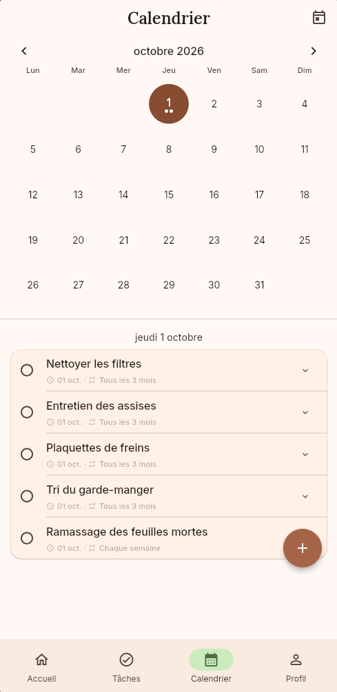 Écran Calendrier de Flowta.