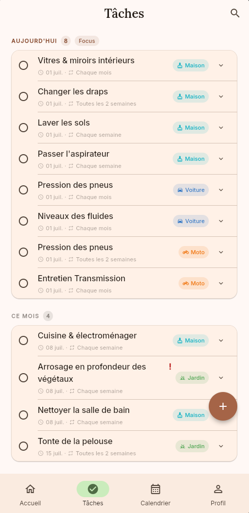 Écran Tâches de Flowta.